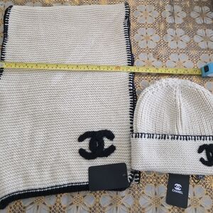Chanel Cream and Black Knit Scarf and Hat Set